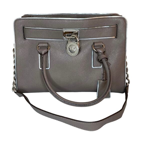 Michael Kors Hamilton Saffiano Leather Gray Shoulder Bag with Silver Charm - Picture 1 of 10